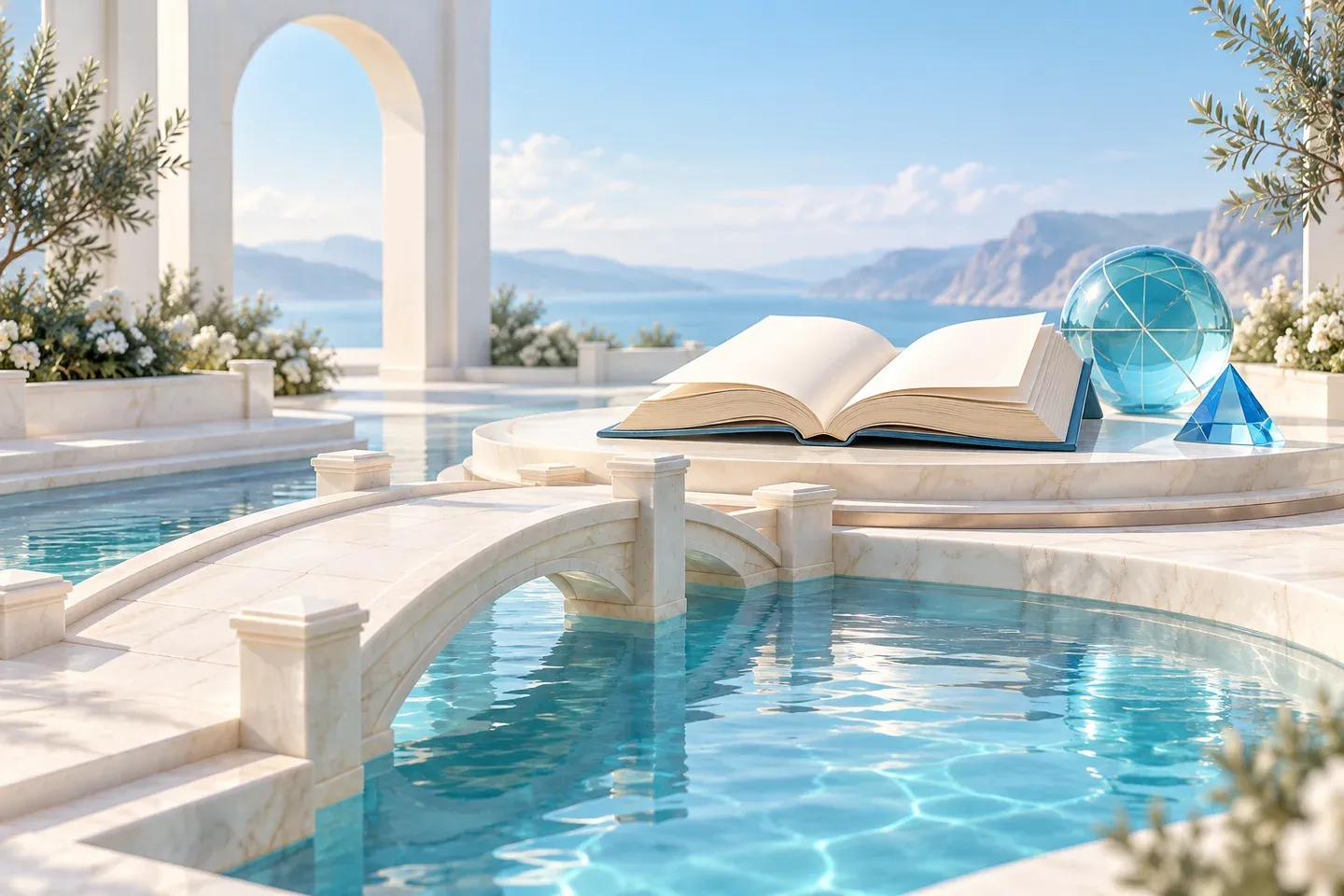A pale stone bridge leading to an open book over blue water, symbolizing access to education.