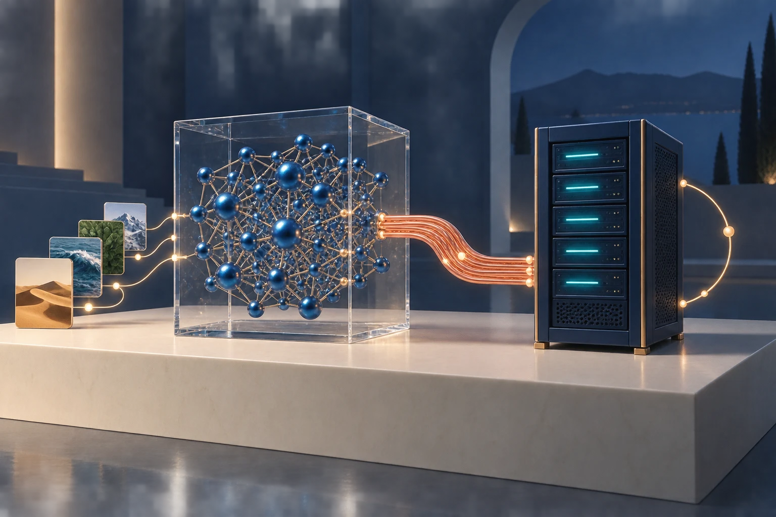 A model in a glass cube connects to a server, linking machine learning with AI engineering