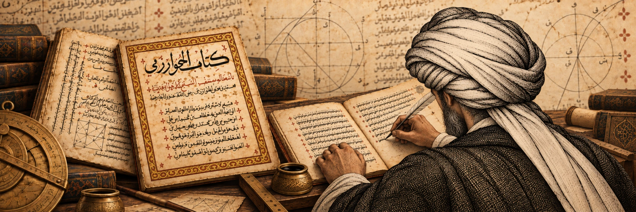 الخوارزمي يكتب بين المخطوطات والأدوات الرياضية