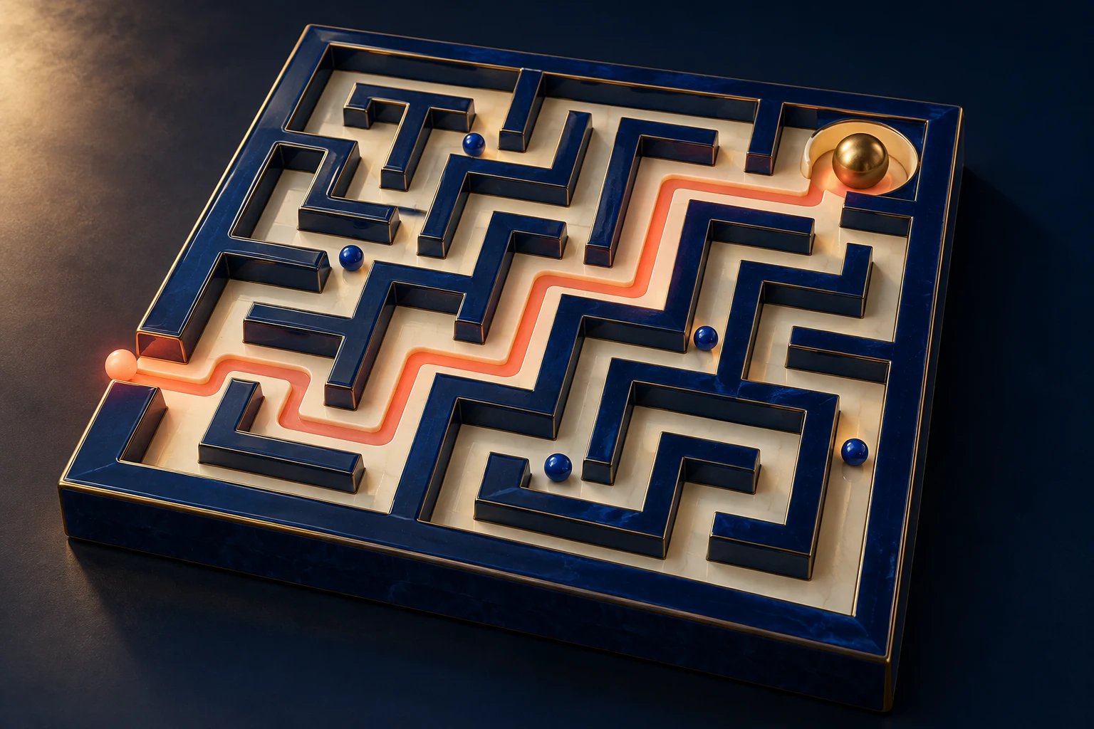A coral route navigates a cobalt maze to a brass destination