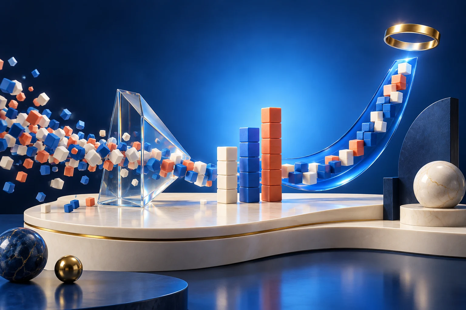 Scattered data cubes become ordered columns and a rising blue curve