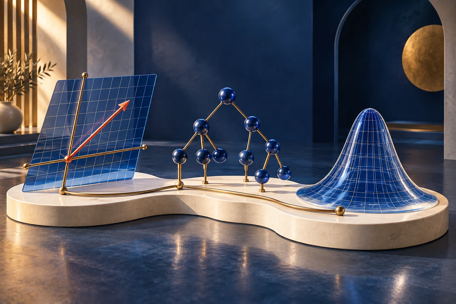 Connected sculptures of a vector grid, a branching graph, and a probability surface